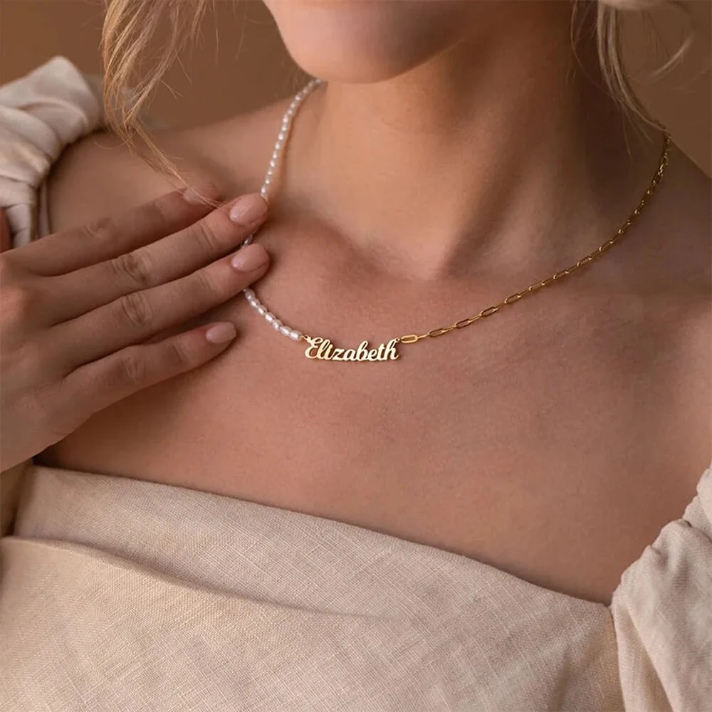 Custom Half Pearl Half Paperclip Chain Name Necklace - Image 3