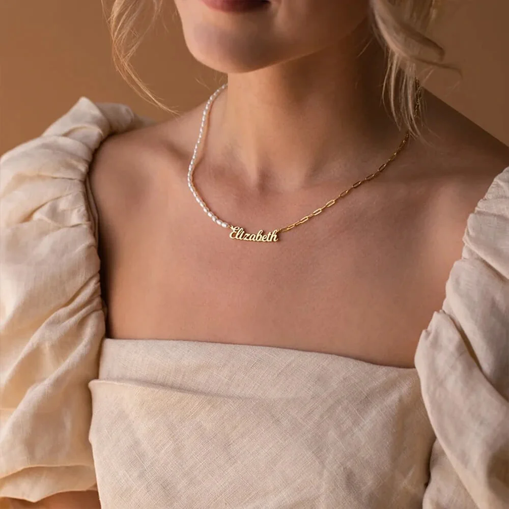 Custom Half Pearl Half Paperclip Chain Name Necklace - Image 4