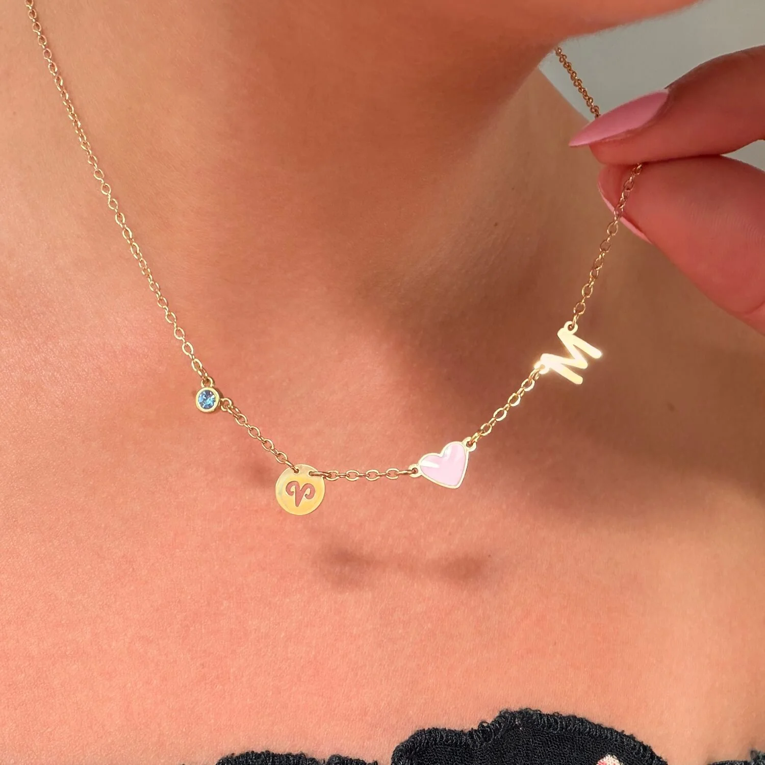 Custom Initial Heart Necklace with Birthstone and Zodiac Sign - Image 2