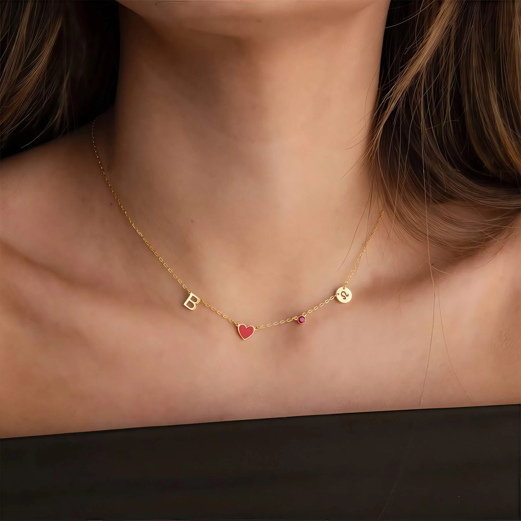 Custom Initial Heart Necklace with Birthstone and Zodiac Sign - Image 4