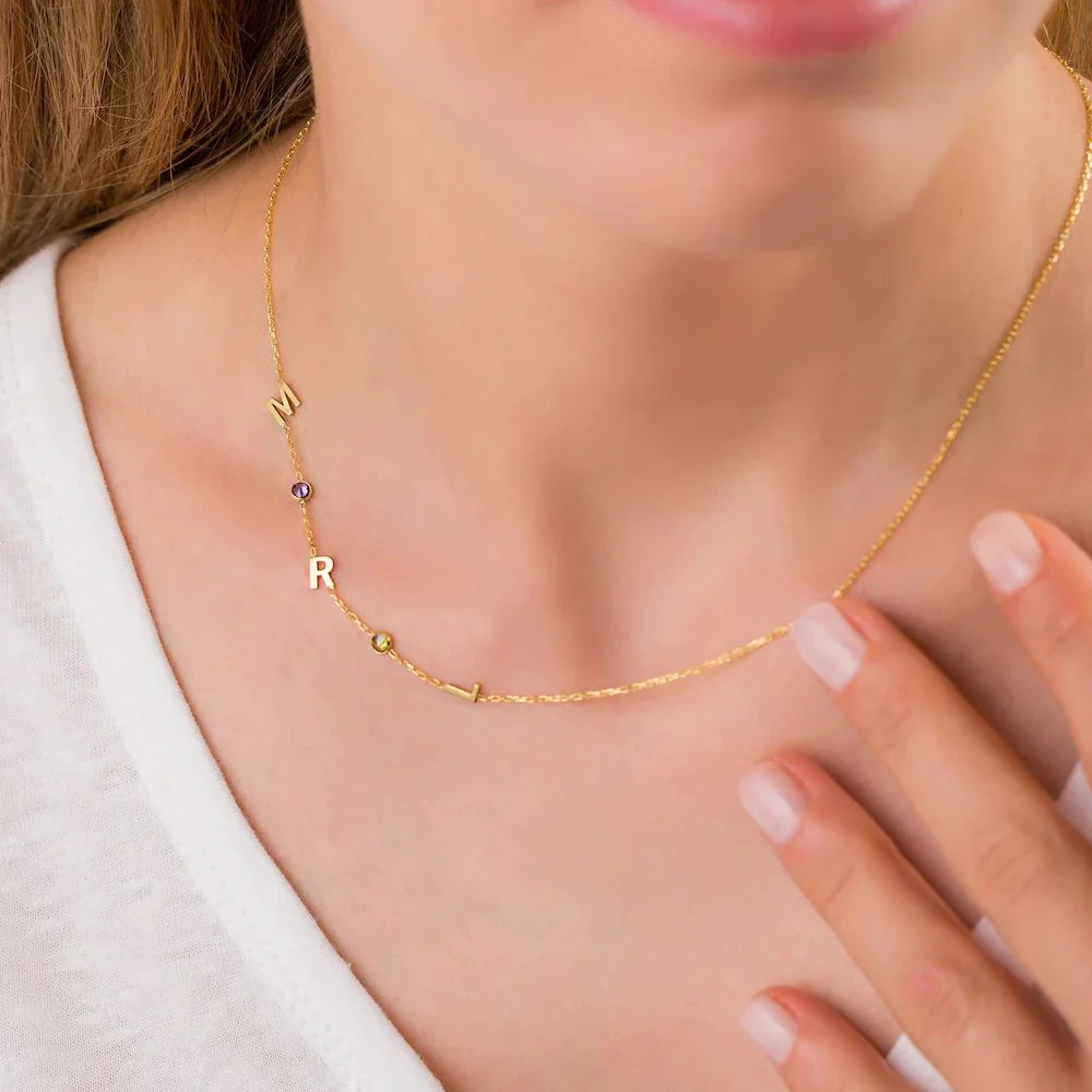 Custom Sideway Initial Birthstone Necklace - Image 5