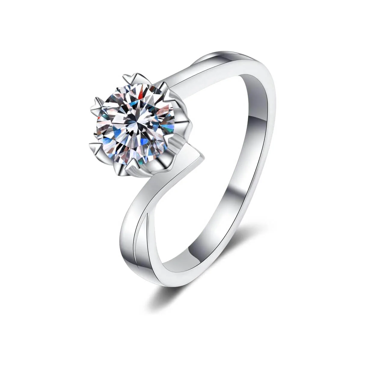 Moissanite Round Solitaire Snowflake Engagement Ring, 18k White Gold Plated, 0.3 to 2 Carat