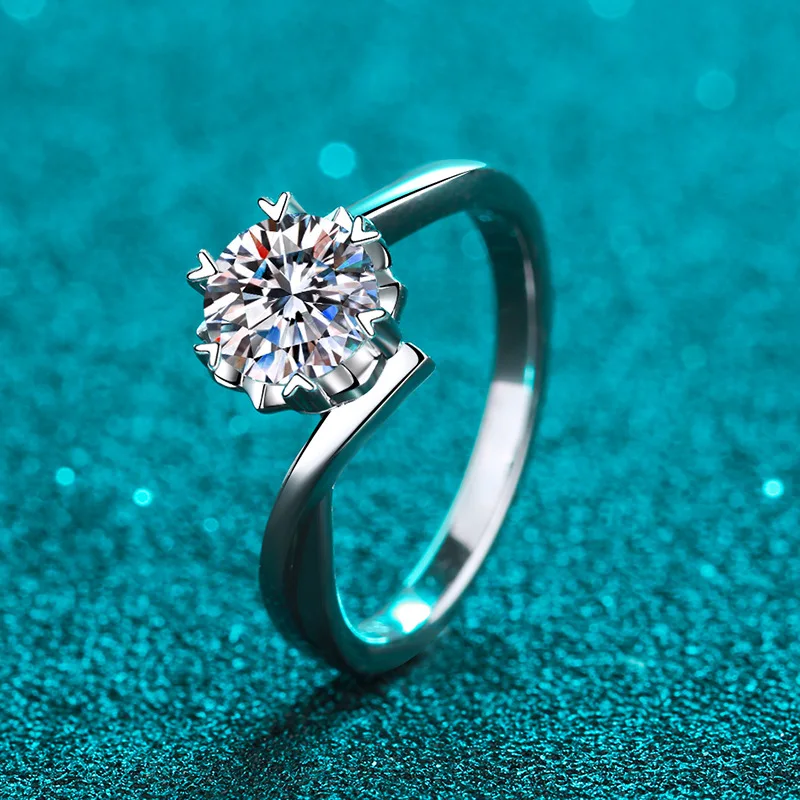 Moissanite Round Solitaire Snowflake Engagement Ring, 18k White Gold Plated, 0.3 to 2 Carat - Image 3