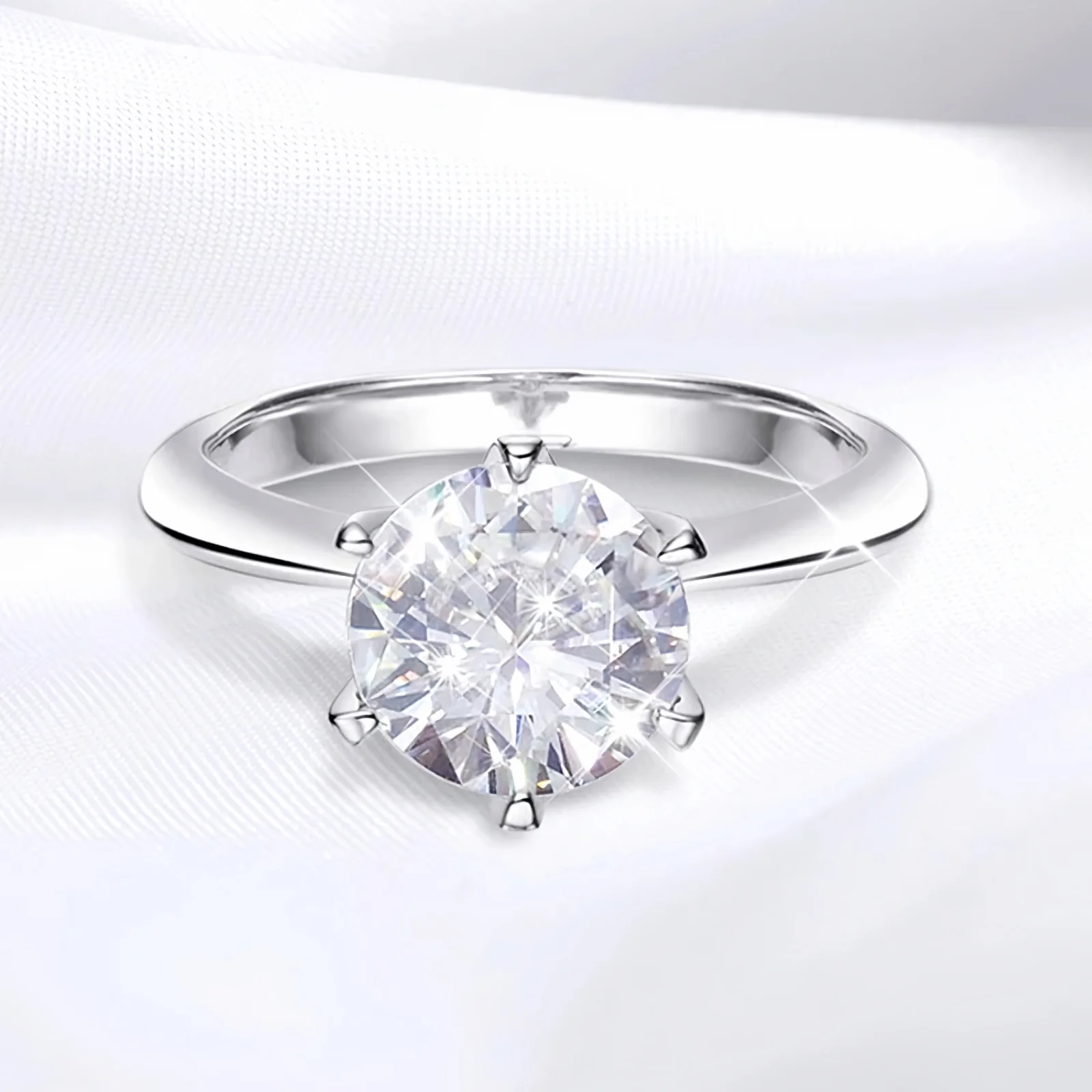 Moissanite Solitaire Round Cut Six-Prong Engagement Ring, 0.5 to 5 Carat