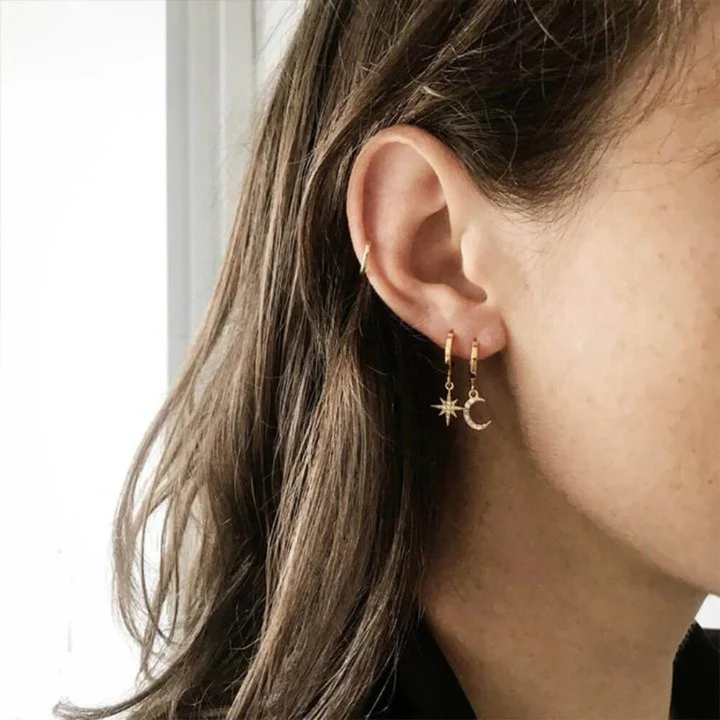 Star & Moon Drop Huggie Hoop Earrings - Image 2